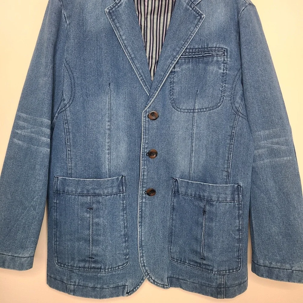 European And America Style Denim Blazer Jacket Elbow Patches Chore Coat‎